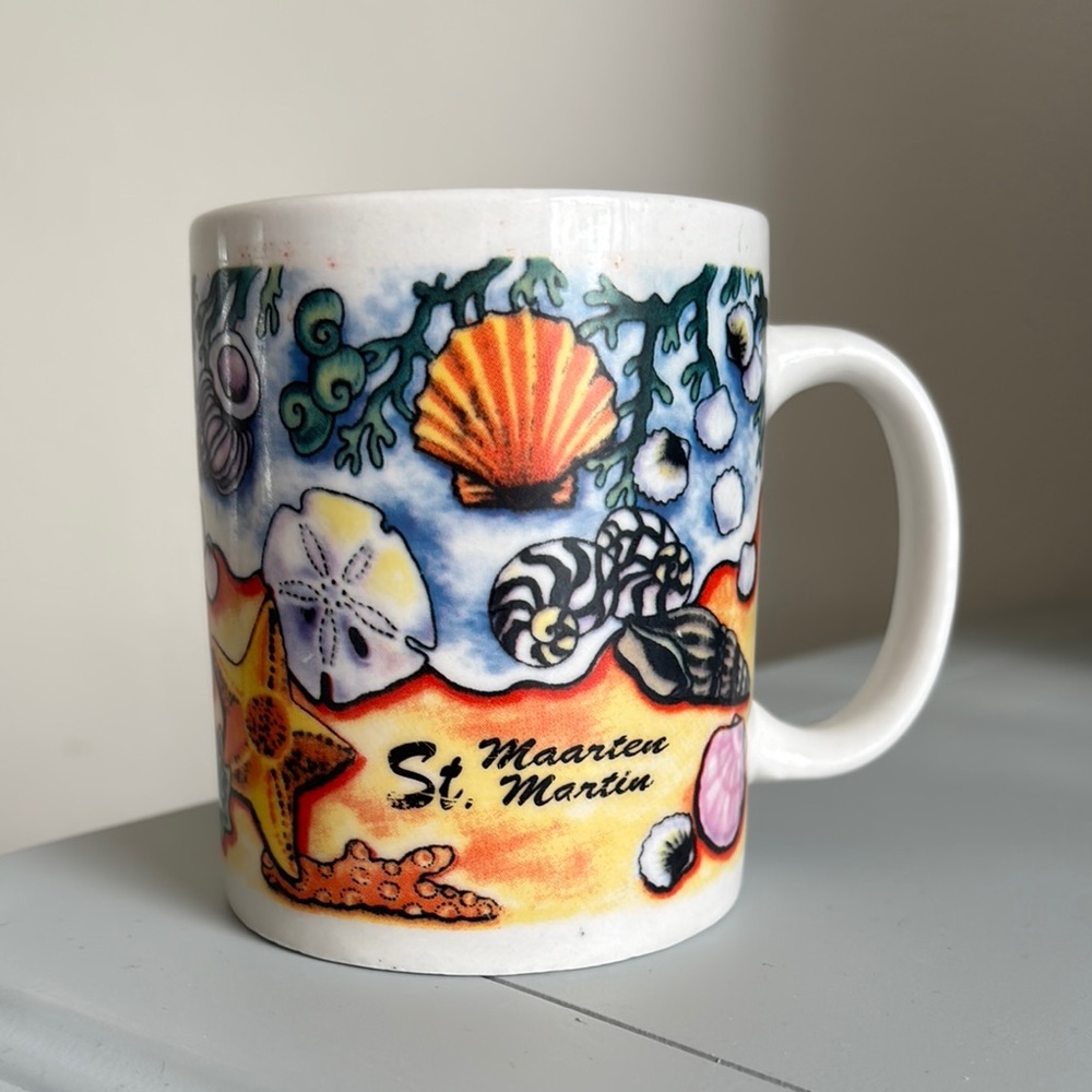 Vintage Saint Martin Virgin Islands Coffee Mug 1980’s seashells beach vacation